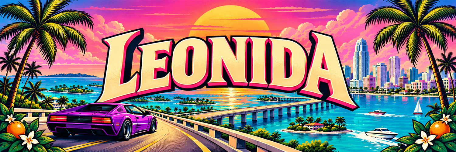 Leonida — purple sports car on a coastal bridge at sunset, palm trees and Vice City skyline