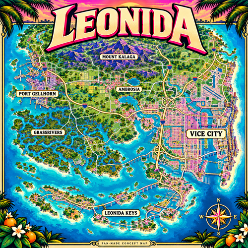Fan-made concept map of Leonida showing Vice City, Leonida Keys, Grassrivers, Port Gellhorn, Ambrosia and Mount Kalaga